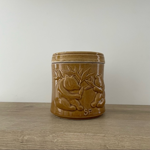 Vintage Glazed Ceramic Tea Canister Panda Bear & Bamboo Design Sheila Fournier - Picture 1 of 10